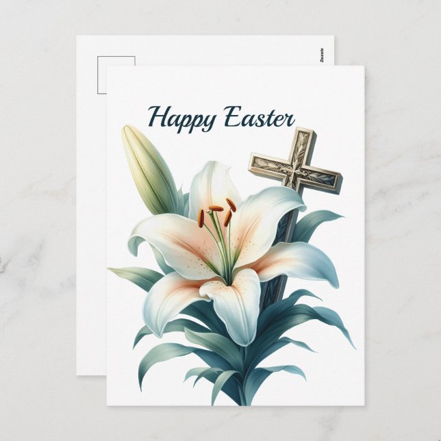 Easter White Lily Cross Illustration Holiday Postcard (Front/Back)