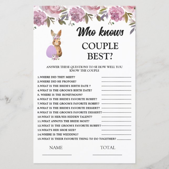 Easter Who knows Couple  Baby Shower Game (Front)