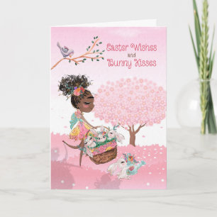 Easter Wishes Bunny Kisses Brown Skin Girl Holiday Card