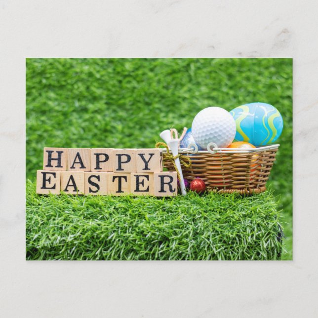  Easter with colorful eggs golf ball for golfer  Holiday Postcard (Front)
