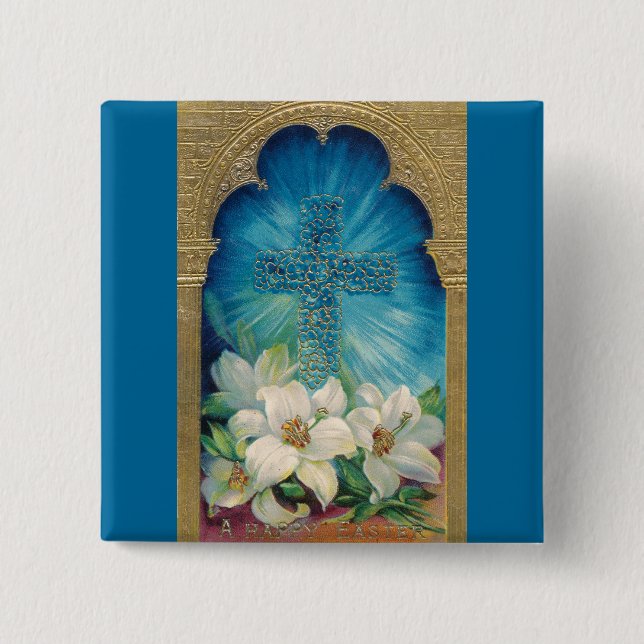 Easter With Cross and Lilies 2 Inch Square Button (Front)