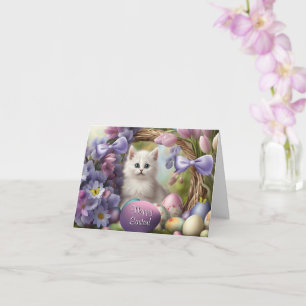 Easter with Cute Kitten and Flowers Colored Eggs Card