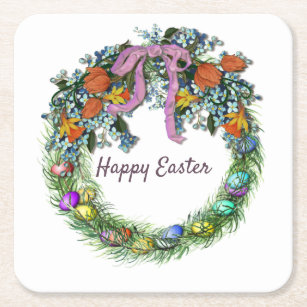 Easter with Flowers, Eggs, Ribbon on a Wreath Square Paper Coaster