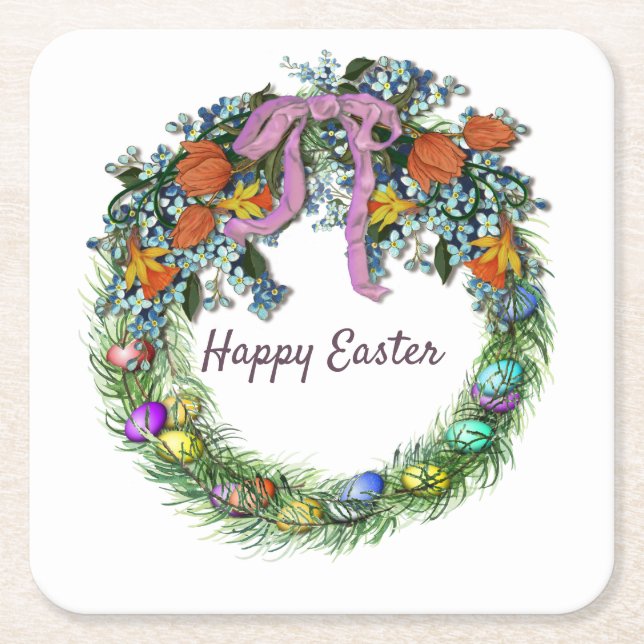 Easter with Flowers, Eggs, Ribbon on a Wreath Square Paper Coaster (Front)