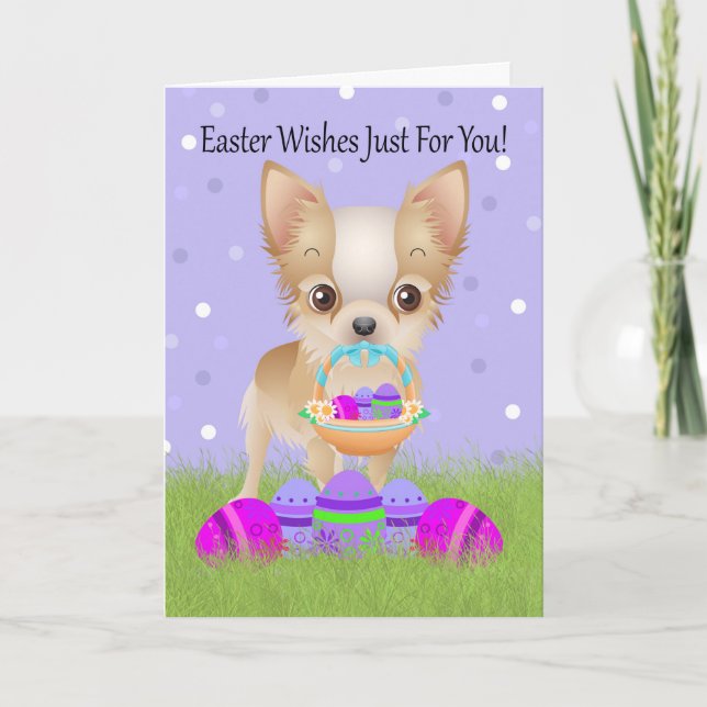 Easter With Little Chihuahua With Easter Basket Holiday Card (Front)