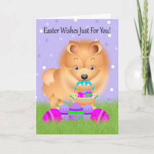 Easter With Little Pomeranian With Easter Basket Holiday Card