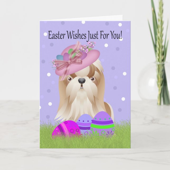 Easter With Little Shih Tzu And Easter Eggs Holiday Card (Front)