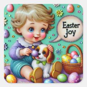 EASTER ~WOW! VINTAGE BOY ~ SQUARE STICKER