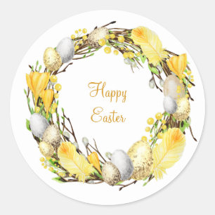 Easter Wreath with Eggs and Yellow Feathers Classic Round Sticker