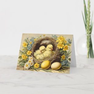 Easter Yellow Baby Chicks in a Basket and Flowers Holiday Card