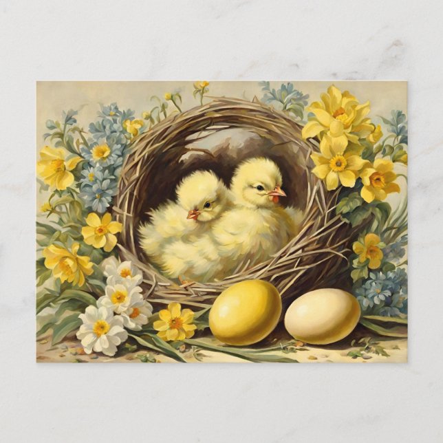 Easter Yellow Baby Chicks in a Basket and Flowers  Holiday Postcard (Front)