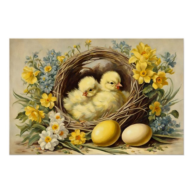 Easter Yellow Baby Chicks in a Basket and Flowers  Poster (Front)