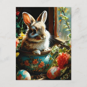 Easterbunny with painted eggs and flowers postcard