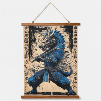 Eastern Blue Dragon Samurai Warrior - Japanese Ink Hanging Tapestry