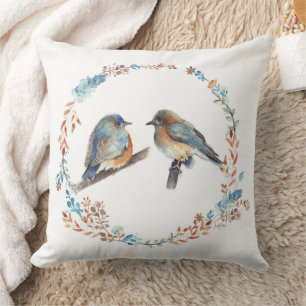 Eastern Bluebird Couple Floral Wreath Throw Pillow