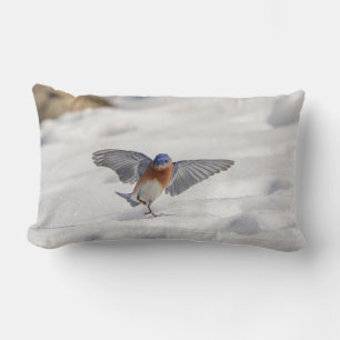 Eastern Bluebird dancing in the snow Lumbar Pillow