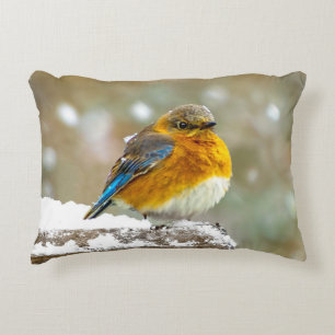 Eastern Bluebird in Snow - Original Photograph Accent Pillow