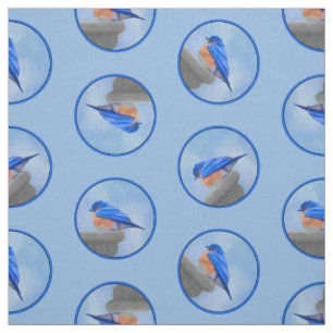 Eastern Bluebird on Birdbath Original Bird Art Fabric