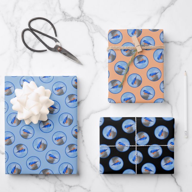 Eastern Bluebird on Birdbath Original Bird Art Wrapping Paper Sheet (Front)