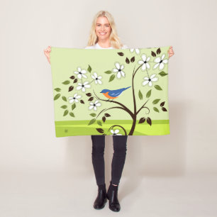 Eastern Bluebird On Flowering Tree Fleece Blanket