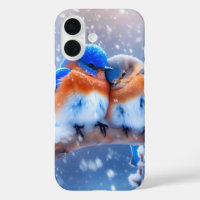 Eastern Bluebirds Snuggling On a Snowy Branch