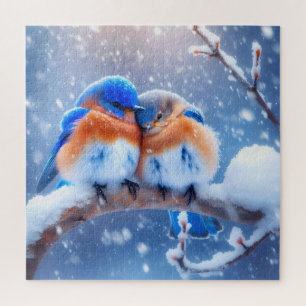 Eastern Bluebirds Snuggling On a Snowy Branch Jigsaw Puzzle