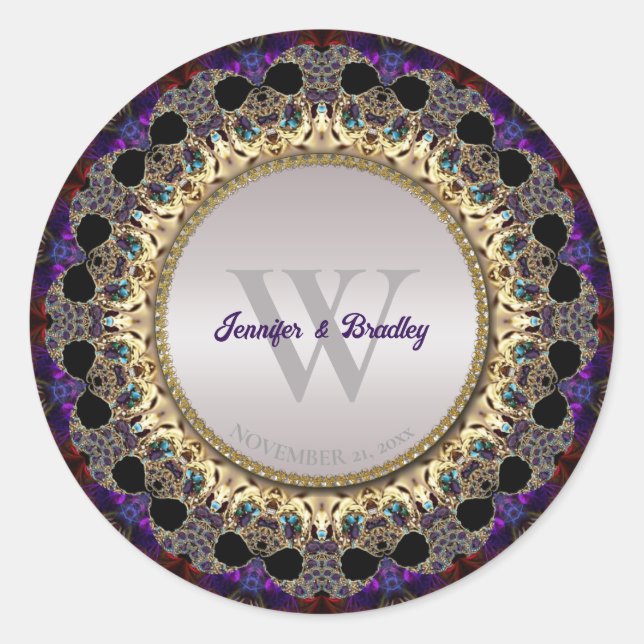 Eastern Bohemian Purple Gold Exotic Wedding Classic Round Sticker (Front)