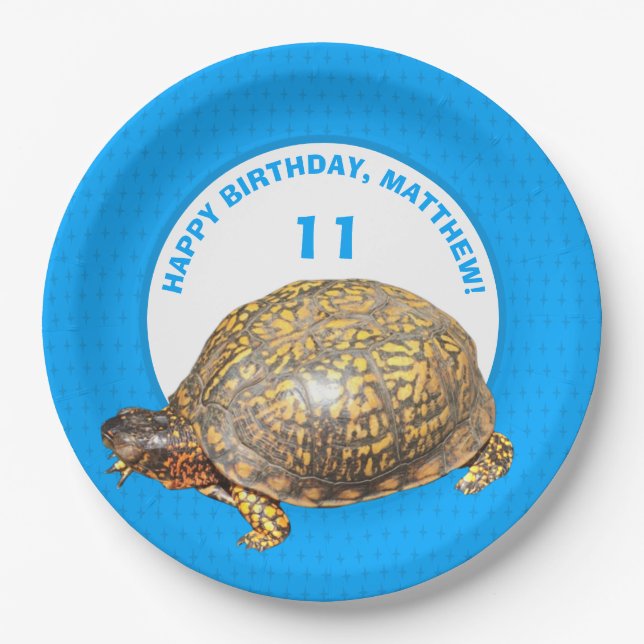 Eastern Box Turtle Bright Blue Personalized Paper Plate (Front)
