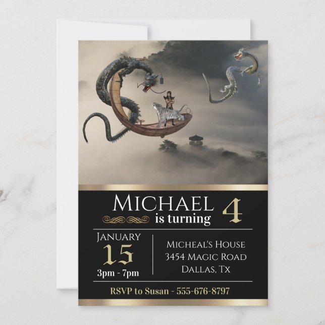 Eastern Chinese Dragon Fantasy Metallic Birthday Invitation (Front)