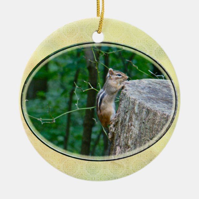 Eastern Chipmunk on Stump Ceramic Ornament (Front)