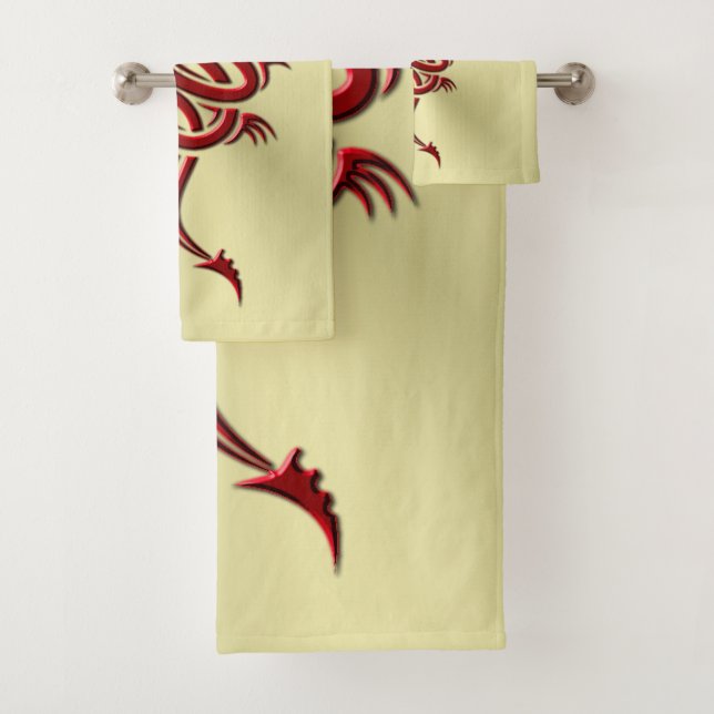 Eastern Crimson Dragon, Embossed-effect on Gold Bath Towel Set (Insitu)