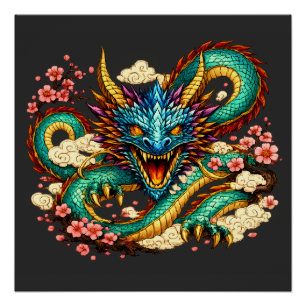 Eastern Dragon & Cherry Blossoms Fantasy Art Poster
