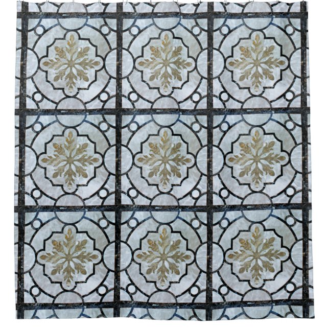 Eastern Floral Marble Pattern Greyish Blue & Gold (Front)