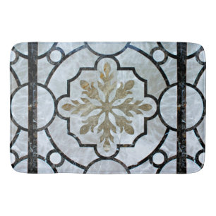 Eastern Floral Marble Pattern Greyish Blue & Gold Bath Mat