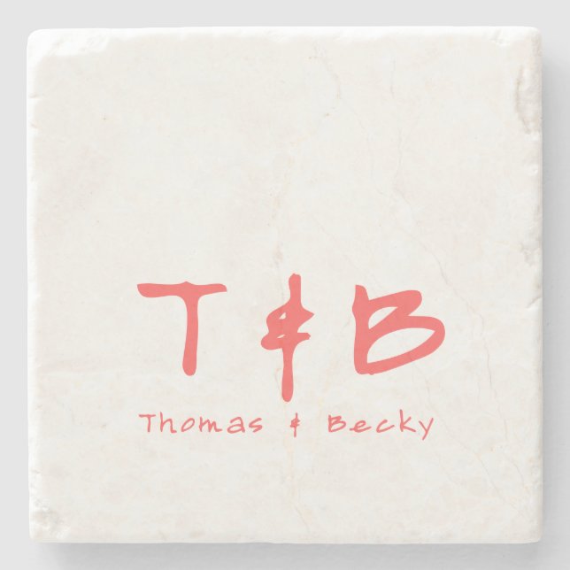 Eastern Minimal Initials and Name in Coral Red Stone Coaster (Front)
