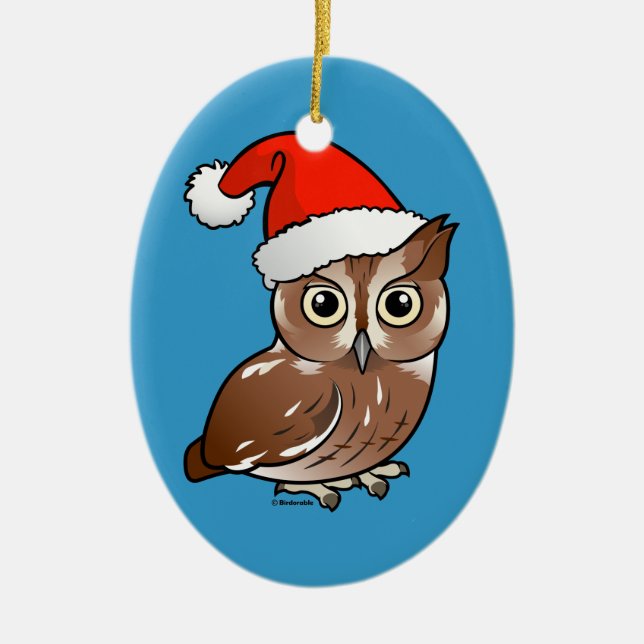 Eastern Screech Owl Santa Ceramic Ornament (Front)