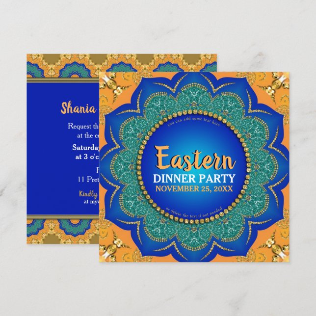 Eastern Spice Orange Royal Blue Gold Dinner Party Invitation (Front/Back)