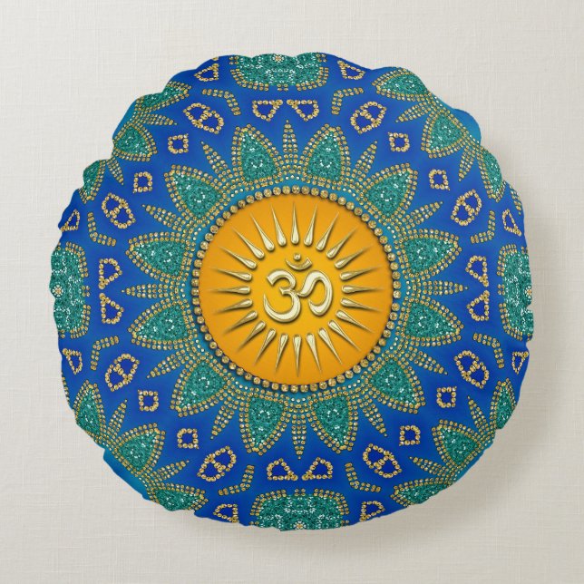 Eastern Sun Royal Blue Teal OM Meditation Round Pillow (Front)