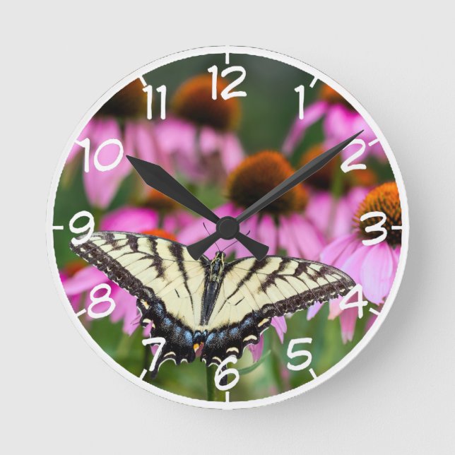 Eastern Tiger Swallowtail Butterfly On Coneflowers Round Clock (Front)