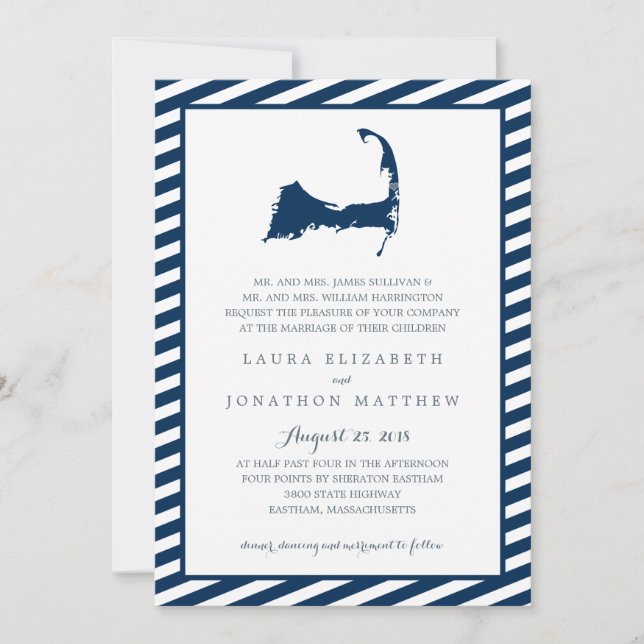 Eastham Cape Cod Map with Blue Stripes | Wedding Invitation (Front)