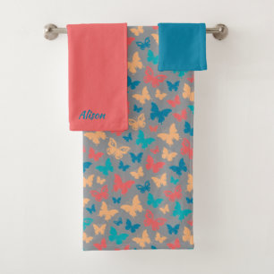 Easy butterfly pattern pink coral turquoise grey bath towel set