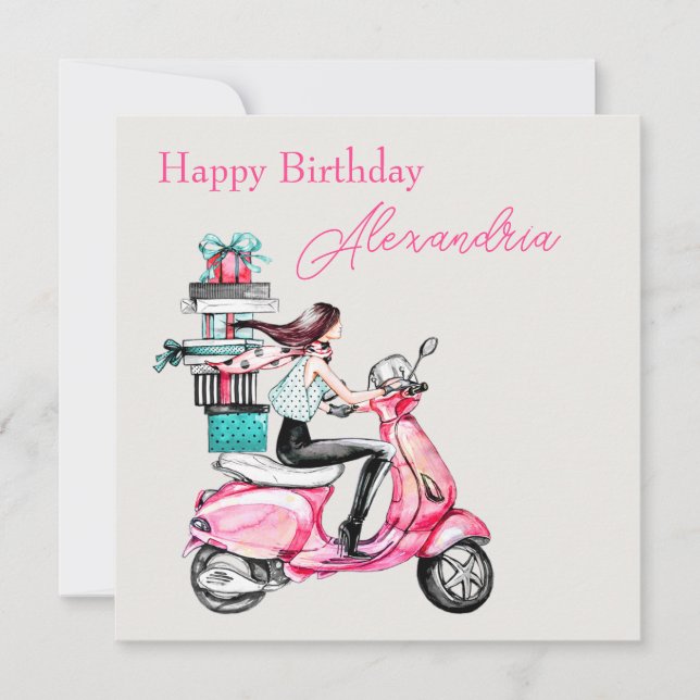 Easy Custom Name on Happy Birthday Girl Scooter  Card (Front)