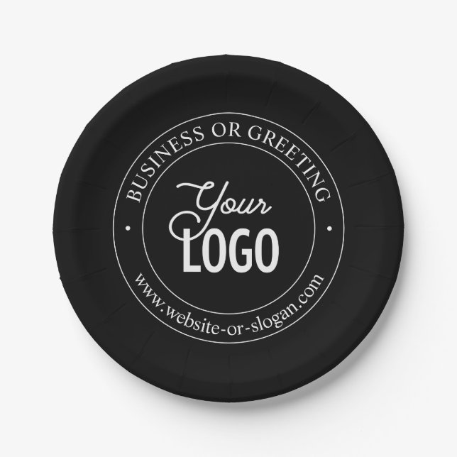 Easy Logo Replacement & Customizable Text | Black Paper Plate (Front)
