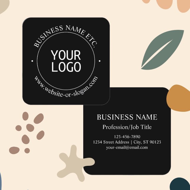 Easy Logo Replacement & Customizable Text | Black Square Business Card (Creator Uploaded)