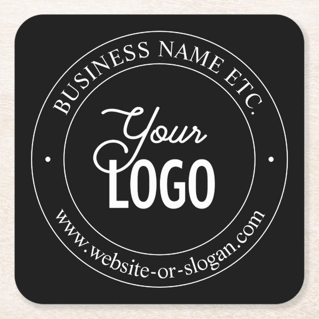 Easy Logo Replacement & Customizable Text | Black Square Paper Coaster (Front)