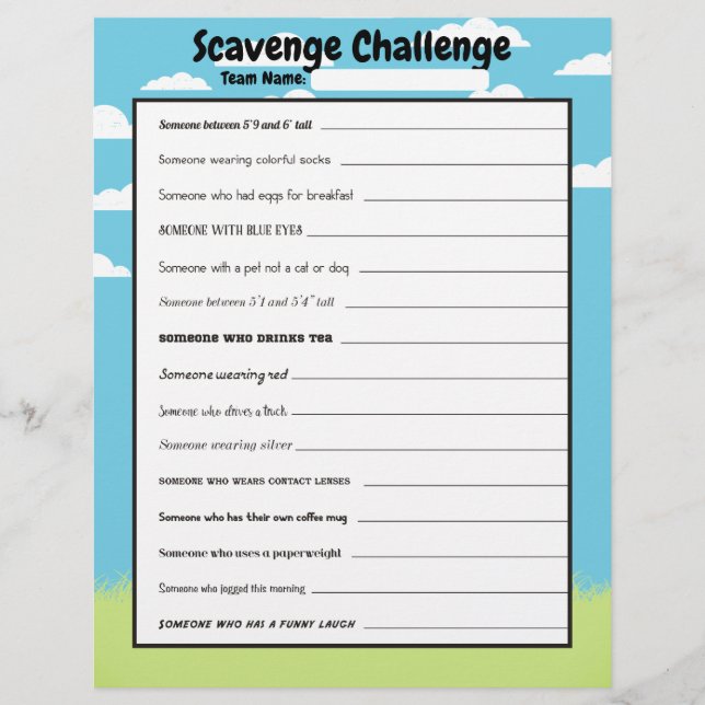 Easy office scavenger hunt ice breaker game (Front)