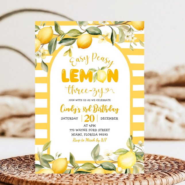 Easy Peezy Lemon ThreeZy Lemon 3rd Birthday  Invitation (Creator Uploaded)
