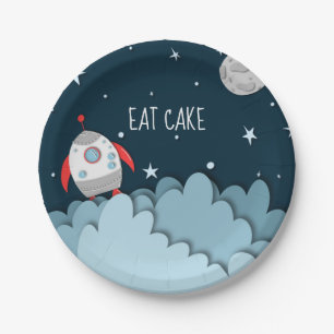 Eat Cake Spacecraft Moon Outer Space Birthday Paper Plate