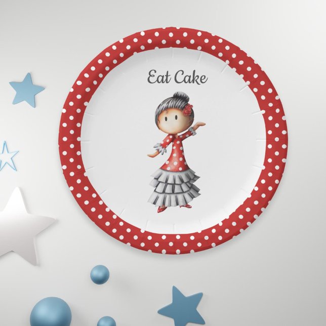 Eat Cake Traditional Red White Polka Dot Sevillana Paper Plate (Creator Uploaded)