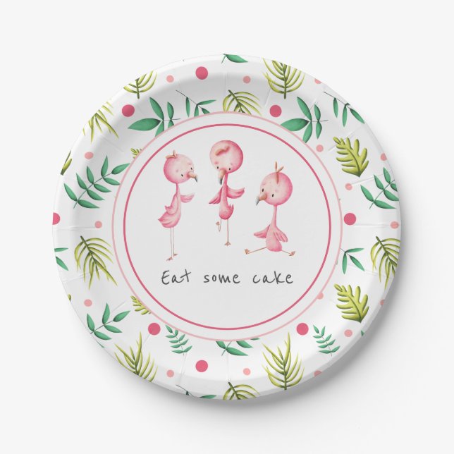 Eat Cake Tropical Floral Flamingo Party Paper Plat Paper Plate (Front)